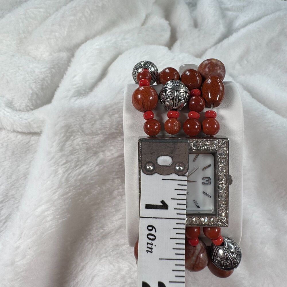 Chunky Boho Beaded Bracelet Watch Colleen Lopez Crystal Bezel Red Jasper Quartz - Picture 13 of 15